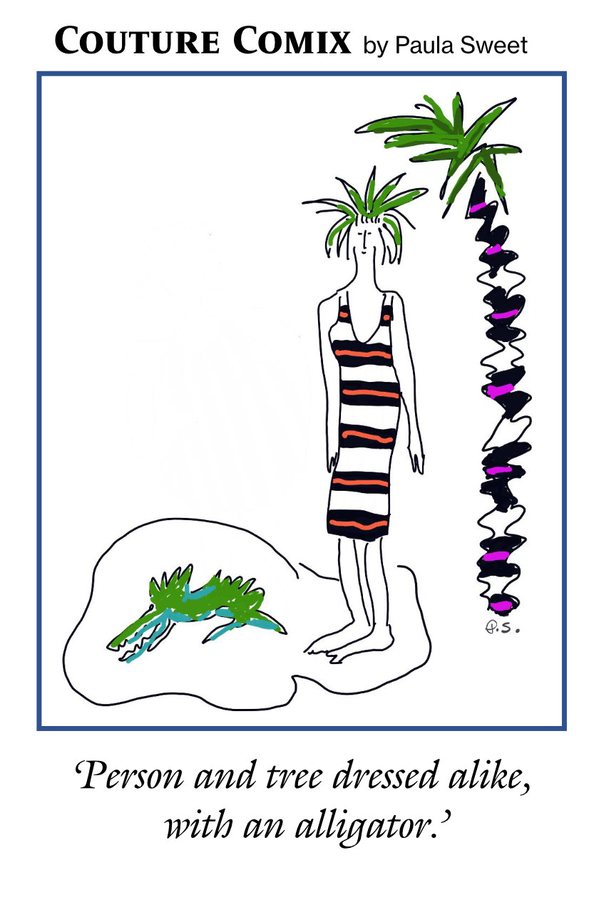 Person and tree dressed alike, with an alligator.