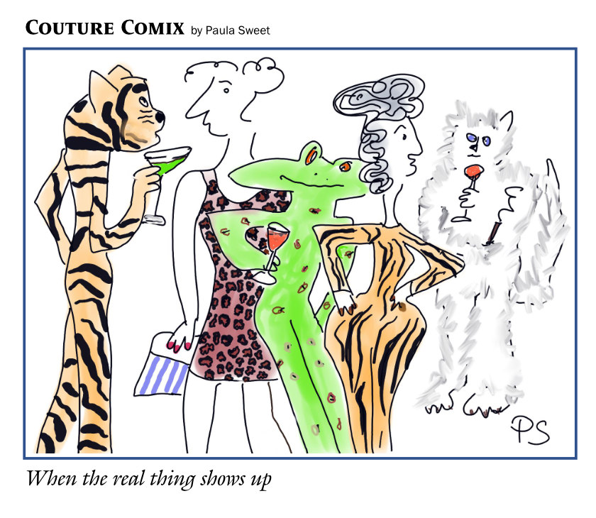 Caption: 'When the real thing shows up.' Image shows people dressed in animal skins, and three animals have arrived at their party holding cocktail glasses.