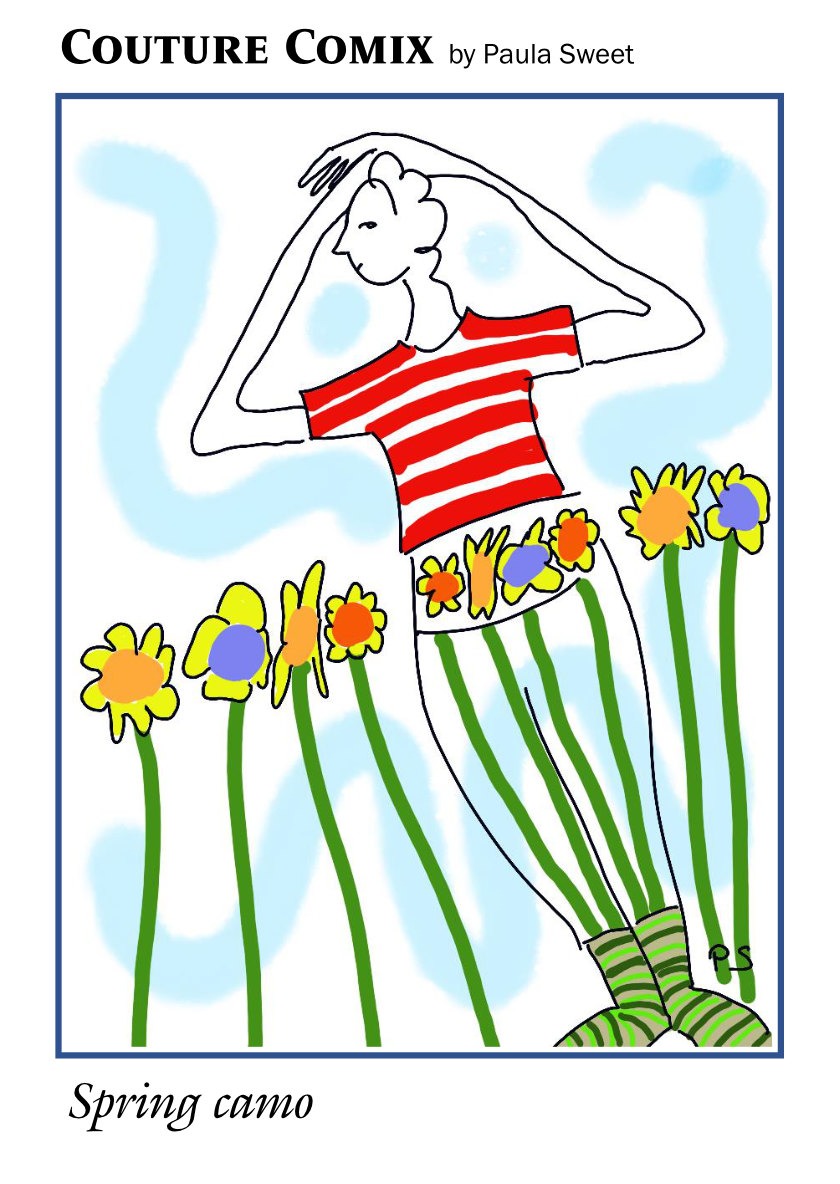 Caption: 'Spring camo', featuring a person in a striped T-shirt hiding among flowers.