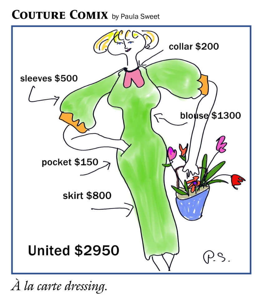 Caption reads, ‘À la carte dressing.’ Image shows a green dress where each component has a price, e.g. collar $200, sleeves $500, all totalling up to $2,950.