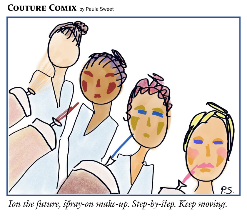 Caption reads, ‘Ion the future, spray-on make-up. Step-by-step. Keep moving.’ Image shows women being made up by gadgets pointing at their faces.