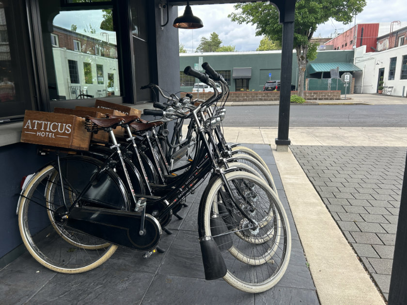 Bicycles parked outside the hotel.