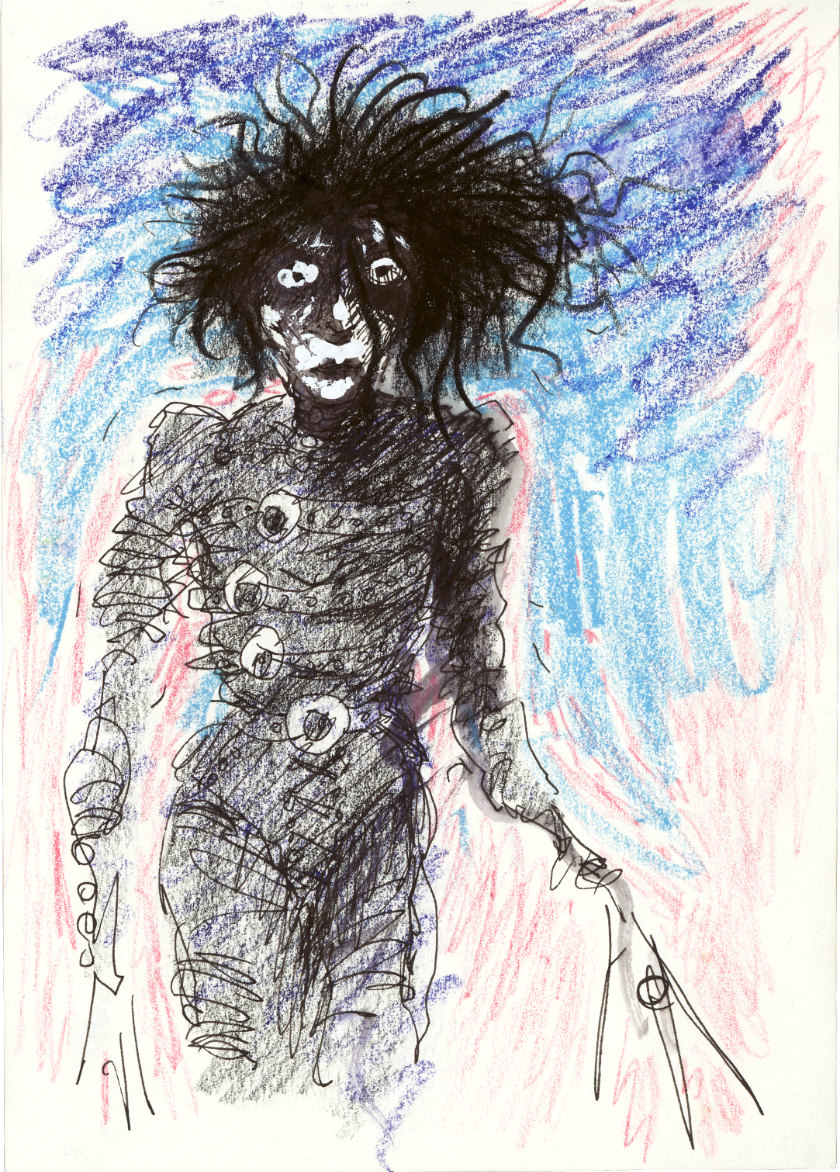 Illustration of Edward Scissorhands, sketched in black, looking dishevelled