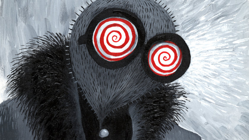 Art showing a creature with two eyes, each eye with a red spiral pattern