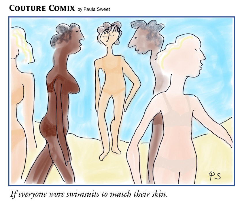 Caption reads, ‘If everyone wore swimsuits to match their skin.’ Image shows five people appearing naked at first glance but they are each wearing swimwear blending with their bodies' colours.