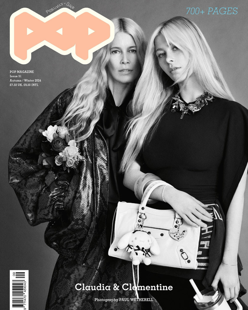 Claudia Schiffer and Clementine de Vere Drummond on the cover of Pop magazine, in a black-and-white image, with Clementine holding a handbag