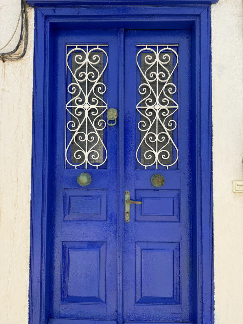 A bright blue door.