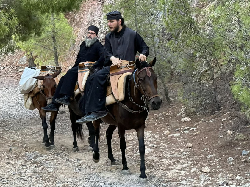 Two monks with three donkeys.