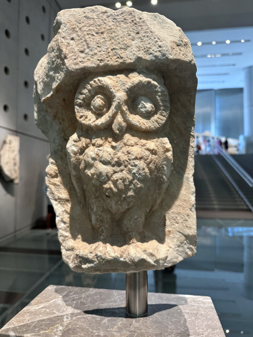 Owl from the Odeon of Perikles, carved and on display.