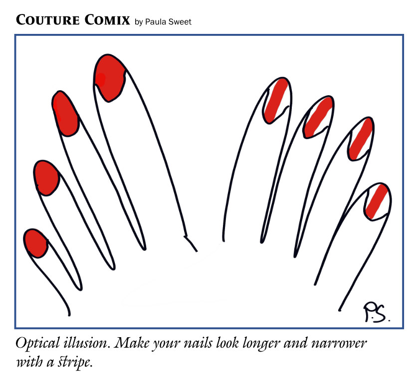 Caption reads, ‘Optical illusion. Make your nails look longer and narrower with a stripe.’ Image shows the left hand with painted fingernails, the right hand with a red stripe in the centre of each nail.